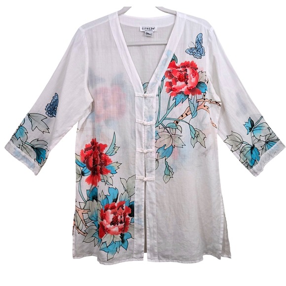 Citron Santa Monica Tops - Citron Artsy Ramie Floral Butterfly Beaded Frog Button Kimono Tunic Women's M
